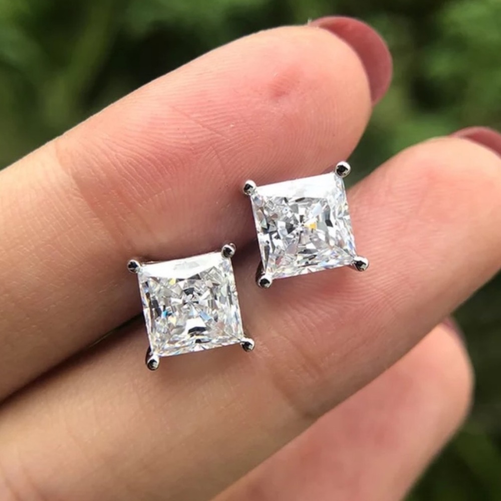 NEW 925 SILVER DIAMOND SQUARE STUD EARRINGS - Picture 3 of 7